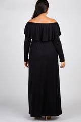 Black Solid Off Shoulder Ruffle Plus Maxi Dress