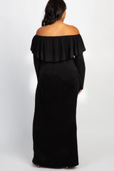 Black Solid Off Shoulder Ruffle Maternity Plus Maxi Dress