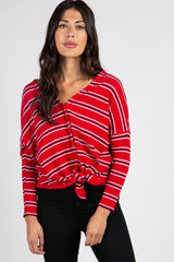 Red Striped Button Down Front Tie Maternity Top