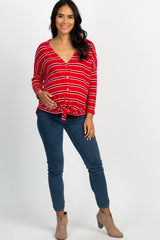 Red Striped Button Down Front Tie Maternity Top