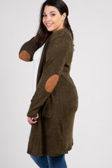 Olive Solid Knit Elbow Patch Plus Cardigan