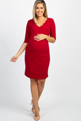 Red Solid Scalloped Trim Fitted Maternity Dress