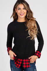 Black Plaid Shirttail Maternity Sweater