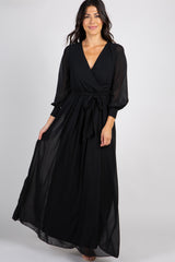 PinkBlush Black Chiffon Long Sleeve Pleated Maxi Dress