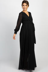 PinkBlush Black Chiffon Long Sleeve Pleated Maternity Maxi Dress