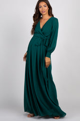 Green Chiffon Long Sleeve Pleated Maternity Maxi Dress