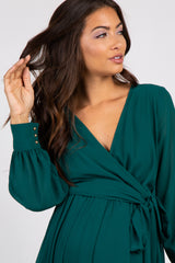 Green Chiffon Long Sleeve Pleated Maternity Maxi Dress