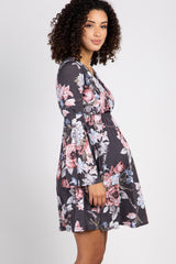 Charcoal Floral Bell Sleeve Maternity Wrap Dress