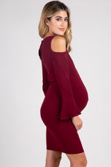 PinkBlush Burgundy Cold Shoulder Bell Sleeve Fitted Maternity Dress