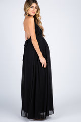 Black Chiffon Halter Tie Back Maternity Evening Gown