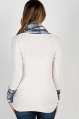 Blue Plaid Cowl Neck Maternity Top