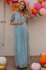 PinkBlush Light Blue Lace Mesh Overlay Maternity Maxi Dress