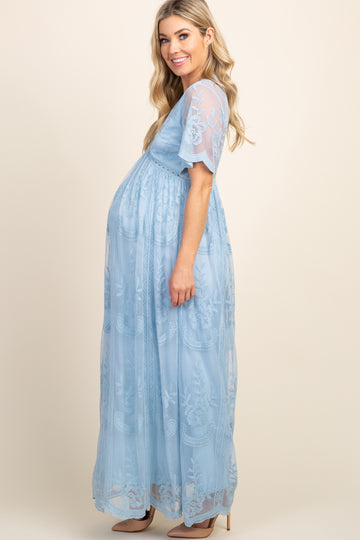 PinkBlush Light Blue Lace Mesh Overlay Maternity Maxi Dress