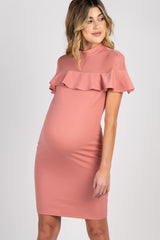 Mauve Mesh Accent Ruffle Trim Fitted Maternity Dress