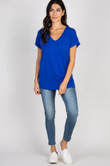 Royal Blue V-Neck Pocket Accent Top