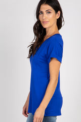 Royal Blue V-Neck Pocket Accent Top