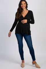 PinkBlush Black Ribbed Sash Tie Maternity Nursing Wrap Top