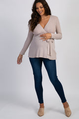 Mocha Ribbed Sash Tie Maternity Nursing Wrap Top