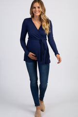 PinkBlush Navy Blue Ribbed Sash Tie Maternity Nursing Wrap Top
