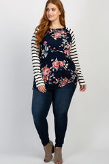 Navy Blue Floral Striped Sleeve Knot Plus Top