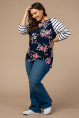 Navy Blue Floral Striped Sleeve Knot Plus Top