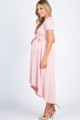 PinkBlush Light Pink Solid Hi-Low Maternity Wrap Dress