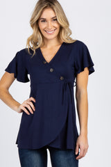 PinkBlush Navy Blue Short Sleeve Button Accent Maternity/Nursing Wrap Top