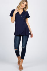 PinkBlush Navy Blue Short Sleeve Button Accent Wrap Nursing Top