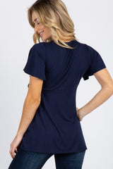 PinkBlush Navy Blue Short Sleeve Button Accent Wrap Nursing Top