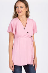Pink Short Sleeve Button Accent Maternity/Nursing Wrap Top