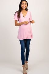 Pink Short Sleeve Button Accent Maternity/Nursing Wrap Top
