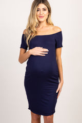 Navy Lettuce Edge Trim Off Shoulder Maternity Dress