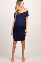 Navy Lettuce Edge Trim Off Shoulder Maternity Dress