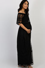 Black Lace Mesh Overlay Off Shoulder Maternity Maxi Dress