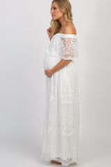 White Lace Mesh Overlay Off Shoulder Maternity Maxi Dress