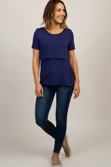PinkBlush Navy Solid Short Sleeve Nursing Top