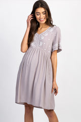 Grey Embroidered Short Sleeve Peplum Maternity Dress