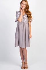 Grey Embroidered Short Sleeve Peplum Maternity Dress