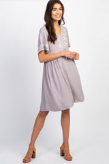 Grey Embroidered Short Sleeve Peplum Maternity Dress