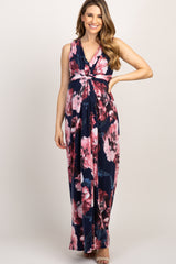 PinkBlush Navy Floral Sleeveless Knot Front Maternity Maxi Dress