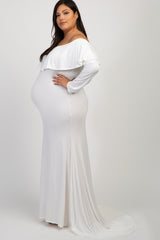 Ivory Off Shoulder Ruffle Maternity Plus Photoshoot Gown/Dress