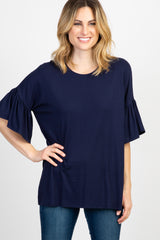 Navy Solid Ruffle Sleeve Maternity Top