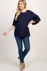 Navy Solid Ruffle Sleeve Maternity Top