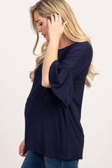 Navy Solid Ruffle Sleeve Maternity Top