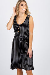 Black Striped Sleeveless Button Front Waist Tie Dress