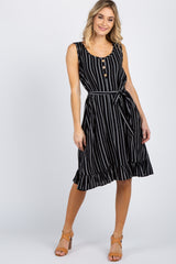 Black Striped Sleeveless Button Front Waist Tie Dress