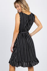 Black Striped Sleeveless Button Front Waist Tie Dress