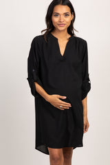 Black Solid V-Neck 3/4 Sleeve Maternity Dress