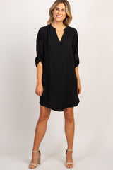 Black Solid V-Neck 3/4 Sleeve Maternity Dress