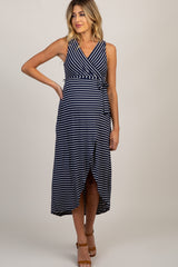 Navy Striped Hi-Low Maternity Wrap Dress